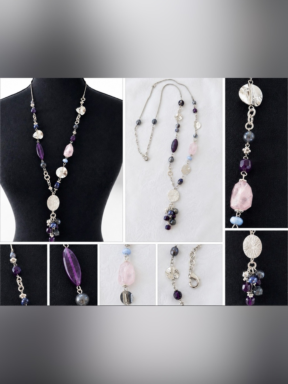 Chicos Silver Tone 17" Long Purple Blue Pink Beads Tassel Statement Necklace NEW